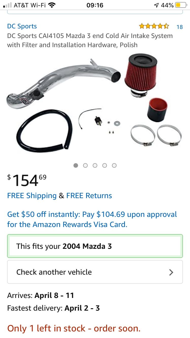DC Sports CAI Mazda 3 Cold Air Intake System with Filter and Installation Hardware, Polish