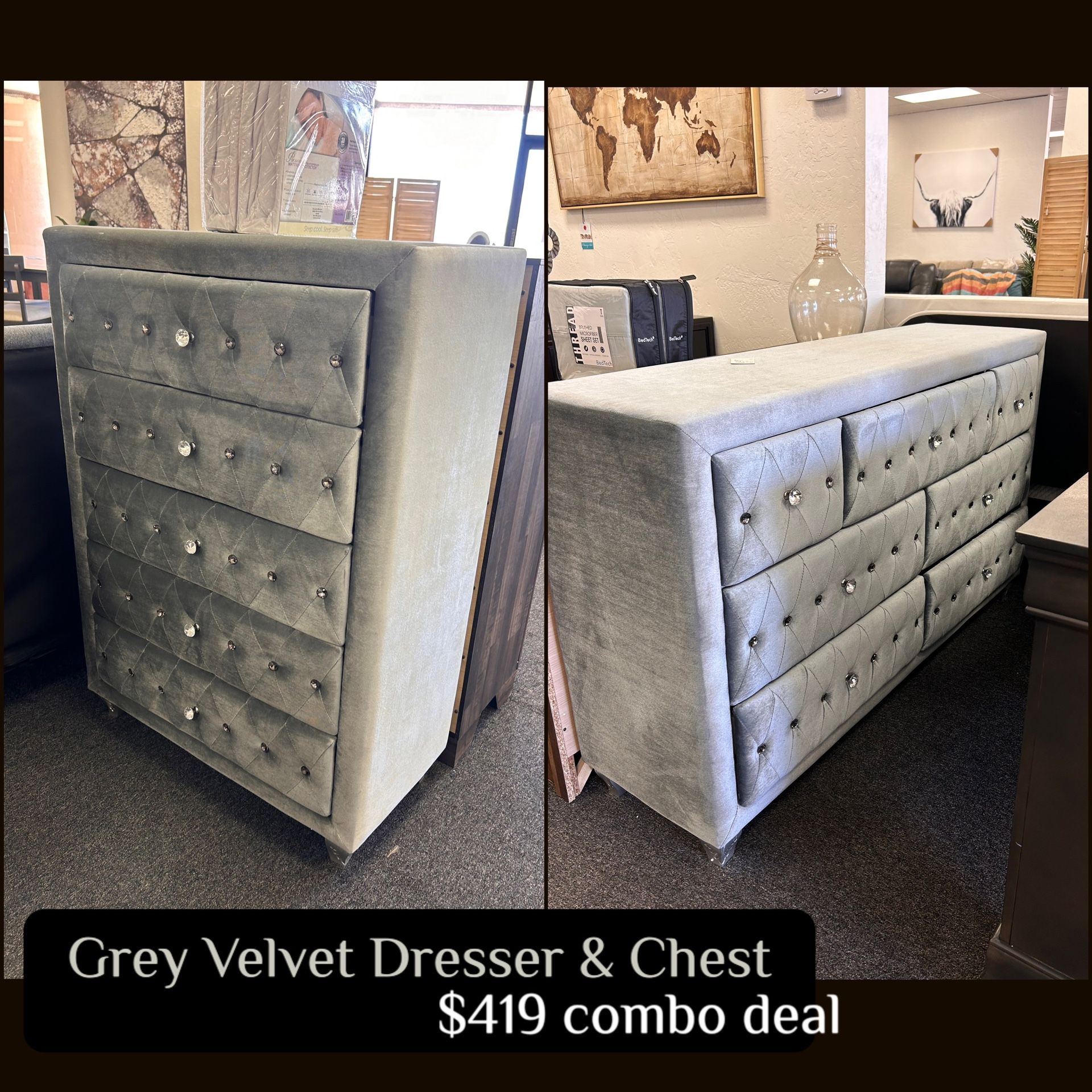 Grey Velvet Chest And Dresser Set