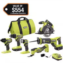 RYOBI ONE+ 18V Cordless 6-Tool Combo Kit with 1.5 Ah Battery, 4.0 Ah Battery, and Charger