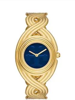 Tory Burch Miller Gold & Navy Braided Cuff Bracelet Watch Womens