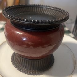Maroon Ceramic and Bronze Metal candle holder. Read Description