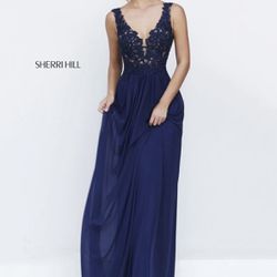 Sherri Hill Navy Blue Lace Flower Prom/Bridesmaid Dress size 4