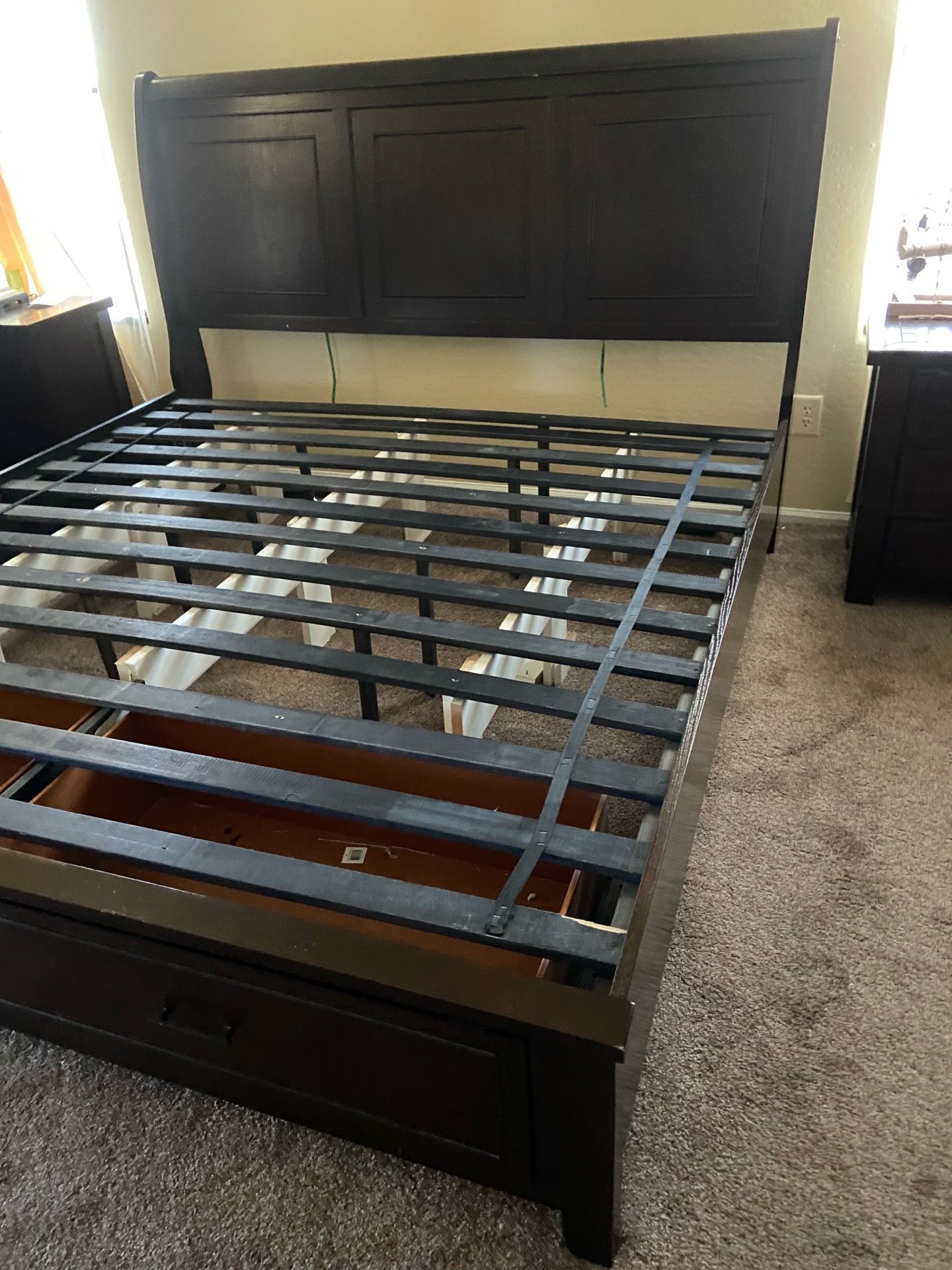 King size wooden bed frame with clean mattress