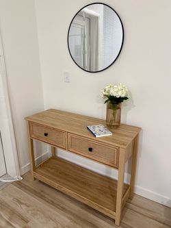 Modern Wood Console Table with 2 Drawers + Storage Shelf
