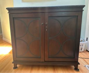🍷 Elegant Solid Wood Wine Bar Cabinet with Built-In Wine Fridge & Stone Top