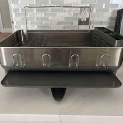 SimpleHuman Large Capacity Dish Drying Rack with Stainless Steel Frame, 360° Easy Drain Swivel Spout, Grey