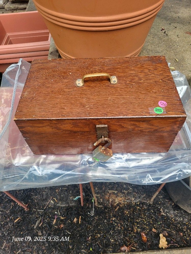 Antique Wooden Tool Box & Tools