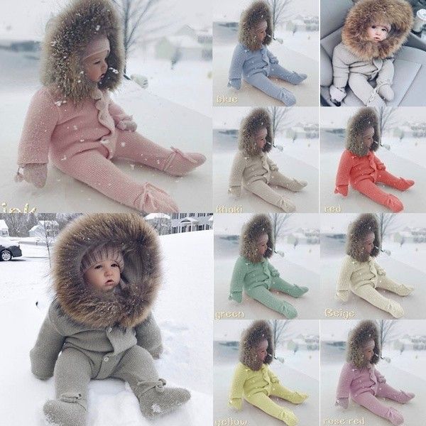 Winter Baby Fur Collar Warm Jumpsuit Baby Hoody Knit Romper Jumpsuit Outwear Pants