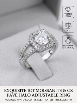 NEW 1ct Moissanite Cushion Halo Engagement Ring - Adjustable Silver Plated Band (Fits Sizes 7, 8, 9, 10)