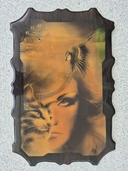 Vintage DenCraft Resin Wall Clock – Surreal Woman, Cat & Bird Art, 1970th