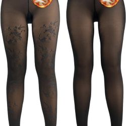 2 Pack Fleece Lined Tights for Women - Winter Fake Translucent Warm Patterned Tights High Waisted Pantyhose Tights