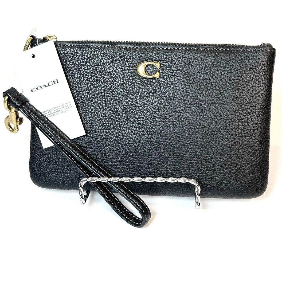 Coach Polished Pebble Small Wristlet – Black Leather, Signature Hardware, Brand  New