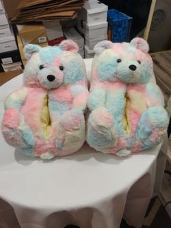 Women's Christmas Teddy Bear Slippers, Furry Indoor Winter Slippers with Cushion, Fluffy