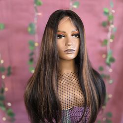 26" human hair wig natural black honey blonde highlights  13x4 lace front new