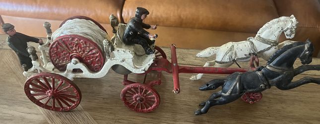 Antique cast iron horse drawn fire wagon. Metal decor, Christmas, toy 