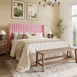 Promotion Full Size Candler Velvet Upholstered Platform Bed with Wingback Headboard and Wooden Slats, Pink Bed Frame 