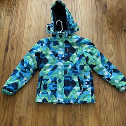 Farvalue Boys Ski Jacket Size 10/12 Waterproof Winter Snow Coat Blue Green Geometric Hooded Fleece Lined 。• Brand): Farvalue • Size: 10/12 (Suitable f