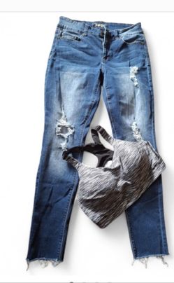 Indigo Red brand blue jean pants, plus an adjustable women’s sports bra, size 36