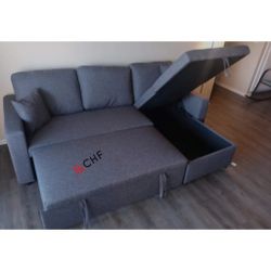 Fabric Reversible Sectional Sofa With Storage Chaise And Pull Out Sofa Bed 