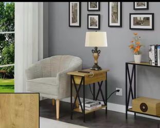 Tucson 11.25 in. English Oak and Black 24 in. Rectangle Particle Board End Table with Flip Top and Charging Station. Convenience Concepts Model # R4
