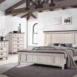 Sawyer Antique White/Brown Panel Bedroom Set