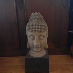 Serenity Buddha Head, Stone Statue On Wooden Stand