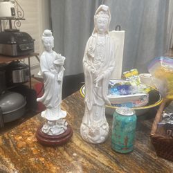 Old Asian Figurines 14 “ On. Wood Base & 16” 