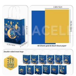 ORNACELE 36PCS Eid Mubarak Gift Bags with 48pcs Blue Gold Tissue Paper, Goodie Bags, Ramadan Mubarak Candy Bags, Gift Bags for Kids, Treat Bags for Ei