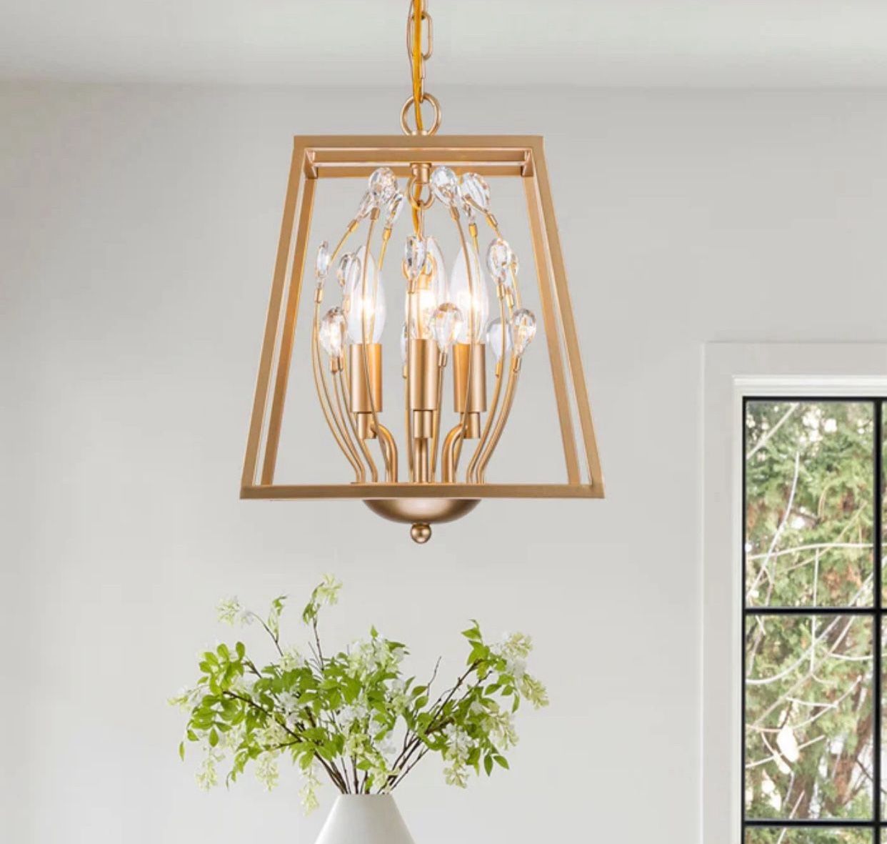 1-Pair Of 3-Light 9.75”in. Gold Foyer Pendant Light With Clear Crystals