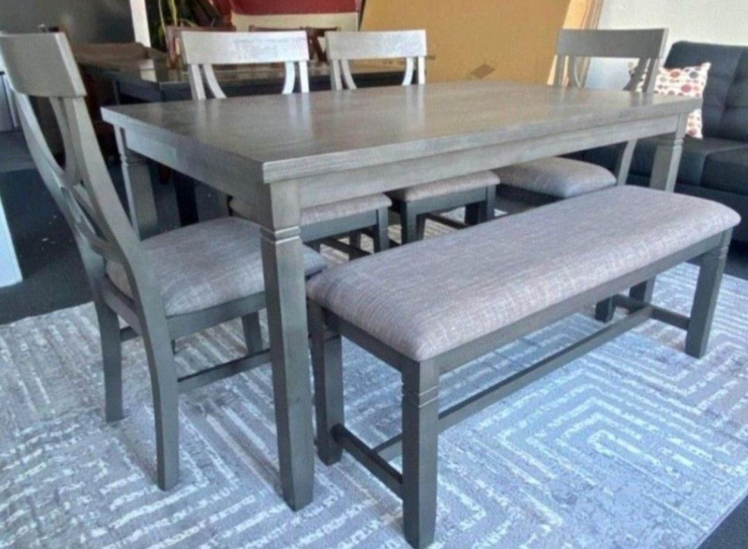 ✅️✅️ 6 pc bridget grey finish wood dining table set padded seat chairs and bench ✅️ 