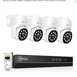 MOVOLS PoE Security Camera System, 4 x 8MP(4K) Pan/Tilt PoE 360 Camera Outdoor, Person/Vehicle Detect, Spotlight Siren, Color Night Vision, 8CH 8MP NV