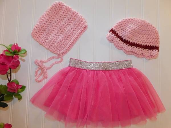 NEW Handmade Crochet Baby Girls Pink Bonnet Cap Set & Tutu Skirt 0-3M 0-3 Months