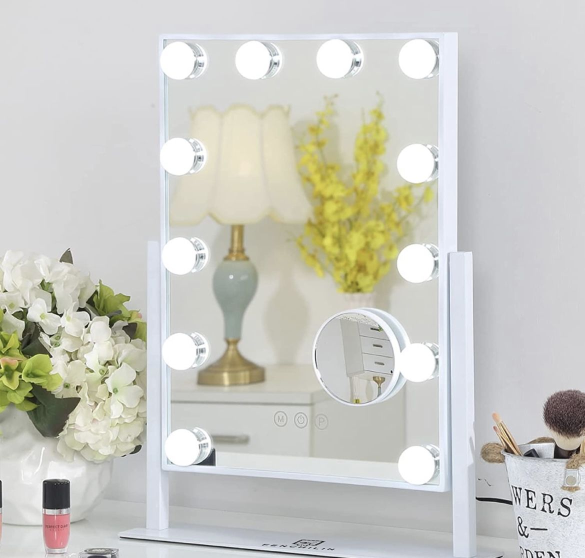 FENCHILIN Lighted Makeup Mirror Hollywood Mirror Vanity Makeup Mirror with Light Smart Touch Control 3Colors Dimmable Light Detachable 10X Magnificati