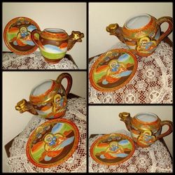 X2 VINTAGE STAMPED JAPAN DRAGON JAPANESE SATSUMA HAND PAINTED PORCELAIN DISH PLATE TEA POT KETTLE DECOR COLLECTABLE SET