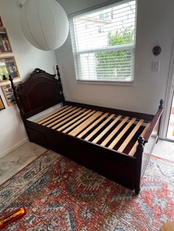 Solid Wood Vintage Twin Storage Bed w 4 Built-In Drawers