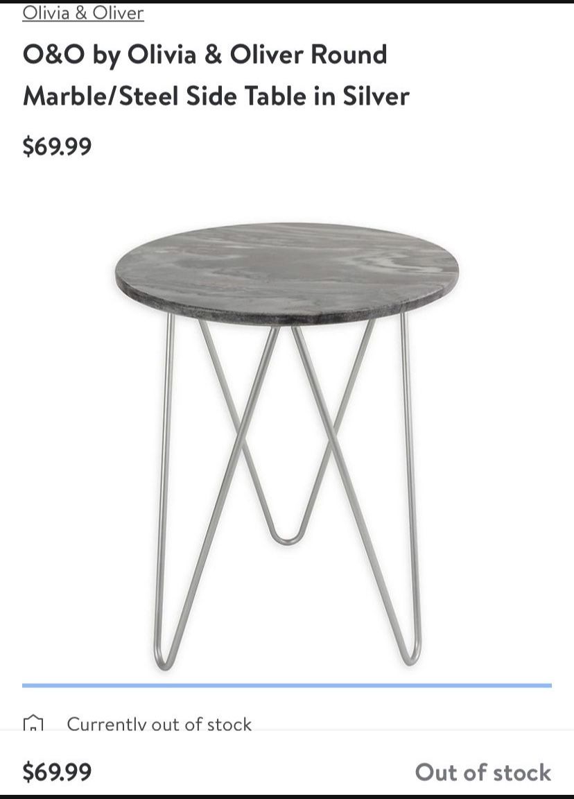 O&O by Olivia & Oliver Round Marble/Steel Side Table in Silver