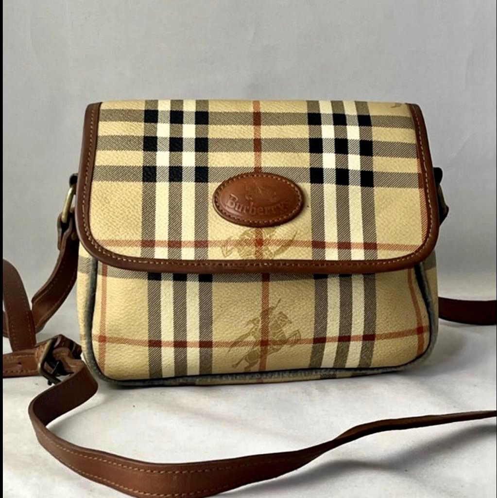 Pre Owned Vintage Burberry Leather Check Crossbody Check