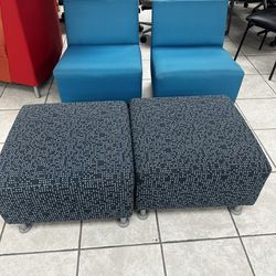 2 BLUE SOFA CHAIRS WITH OTTOMAN