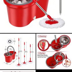 Spin Mop And Bucket With Wringer Set, 360° Floor Cleaning System, 3 Microfiber Refills, 61" Extended Handle, Easy Self-Wringing