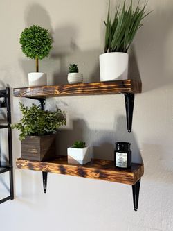 Handmade Real Burnt Wood Floating Shelves – Set of 2 – Hardware Included