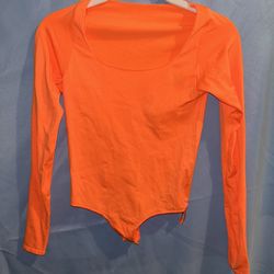 Skims Essential Scoop Neck Long Sleeve Bodysuit Orange Highlighter