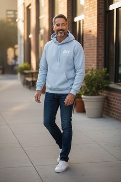 Light gray Full Send x UFC collaboration hoodie with white graphic text on the back.