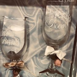 Genuine Crystal Bride and Groom Champagne Glasses