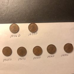 Coins – Lincoln Pennies – Over 80 Years Old – 1920’s and1930’s Decades – Total 7 Coins