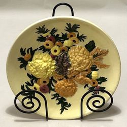 Vintage Chalkware Floral Hanging Plate Farmhouse Cottage Decorative Accent