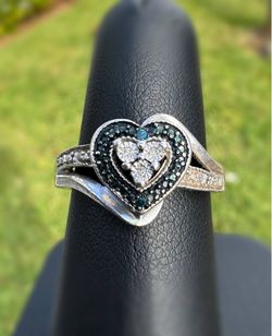 Jewelry .925 sterling silver heart  natural diamond blue sapphire 0.30CTW heart Ring size 7.50