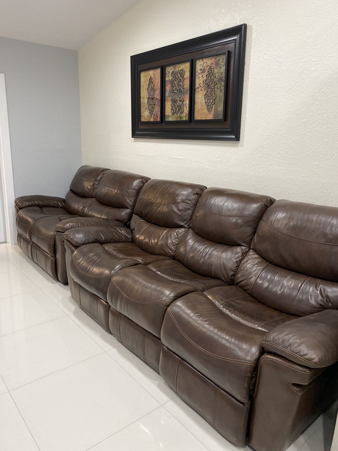 brown-leather-reclining-sofa and loveseat