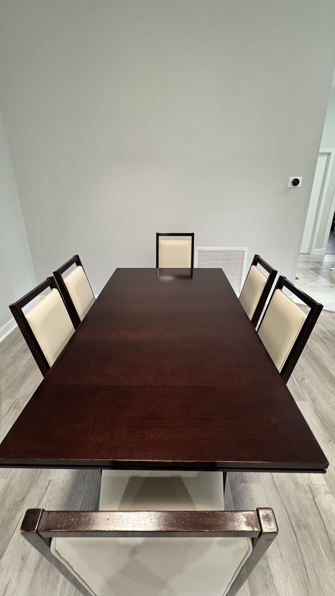 Dining Table Set – Dark Wood with 6 Cream Chairs (Extendable)