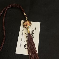Gold Tone Metal Cloisonné Enamel Bird Round Pendant cord Necklace & Tassel