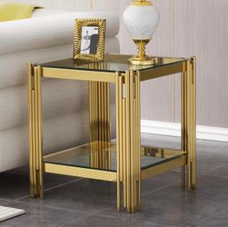 New in box Clear Glass End Table Square Sofa Side Table with Gold Stainless Steel Frame, 20" Small Glass Bedside Table Luxury 2-Tier Bedside Table wit